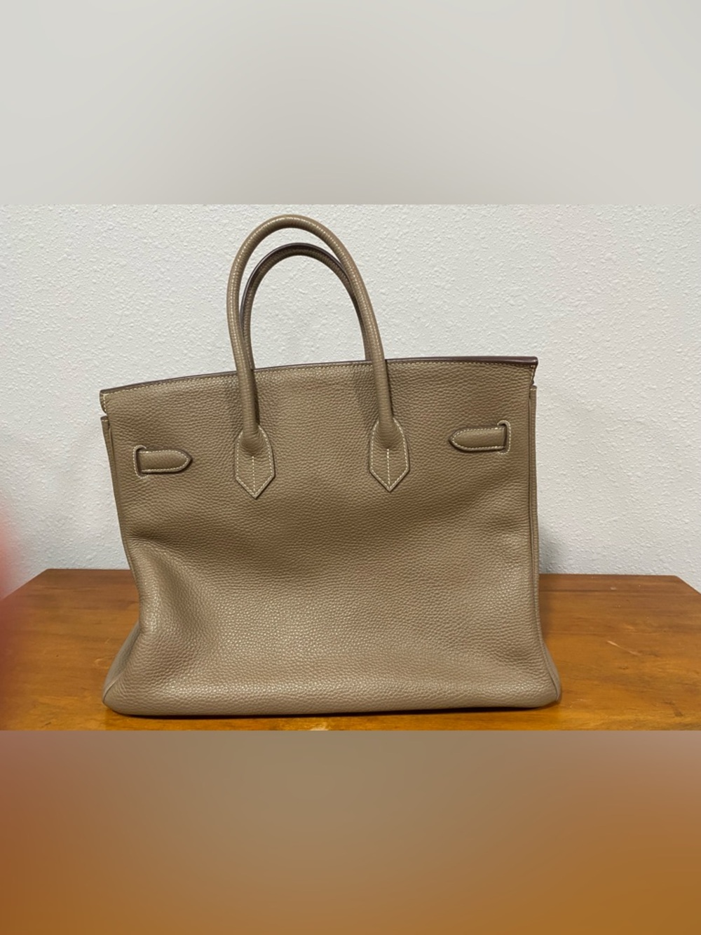Taupe Leather Top-Handle Satchel - Picture 6 of 15